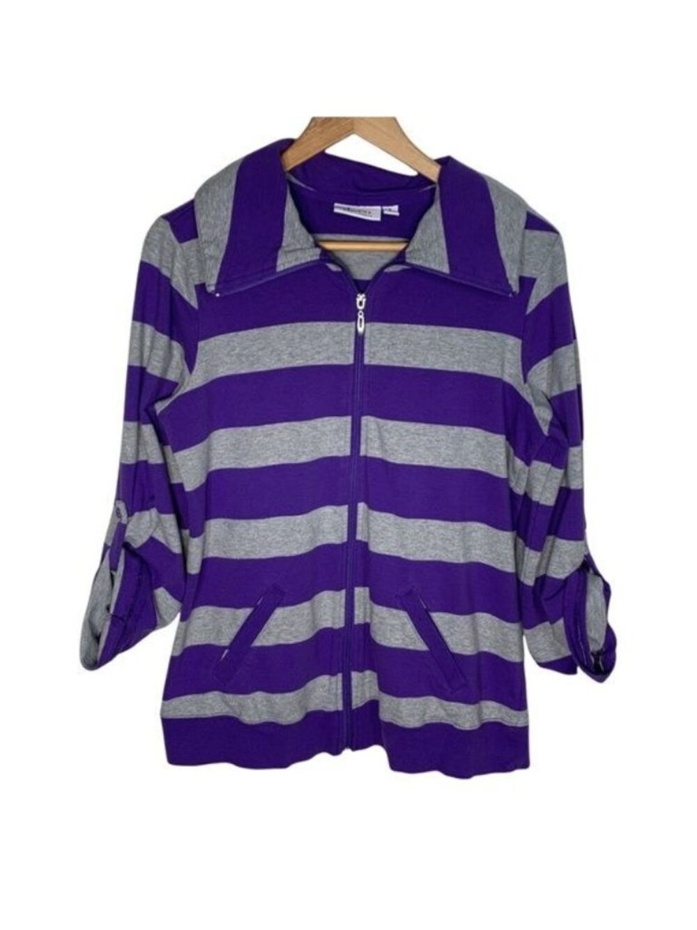 Denim & Co Womens Striped Zip Jacket Small Purple Gray Roll Tab